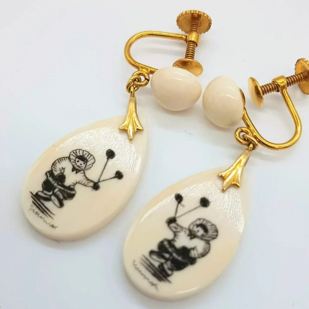 12K GF Alaska Eskimo Earrings Vintage Screw Back Teardrop Drop Dangle Jewelry